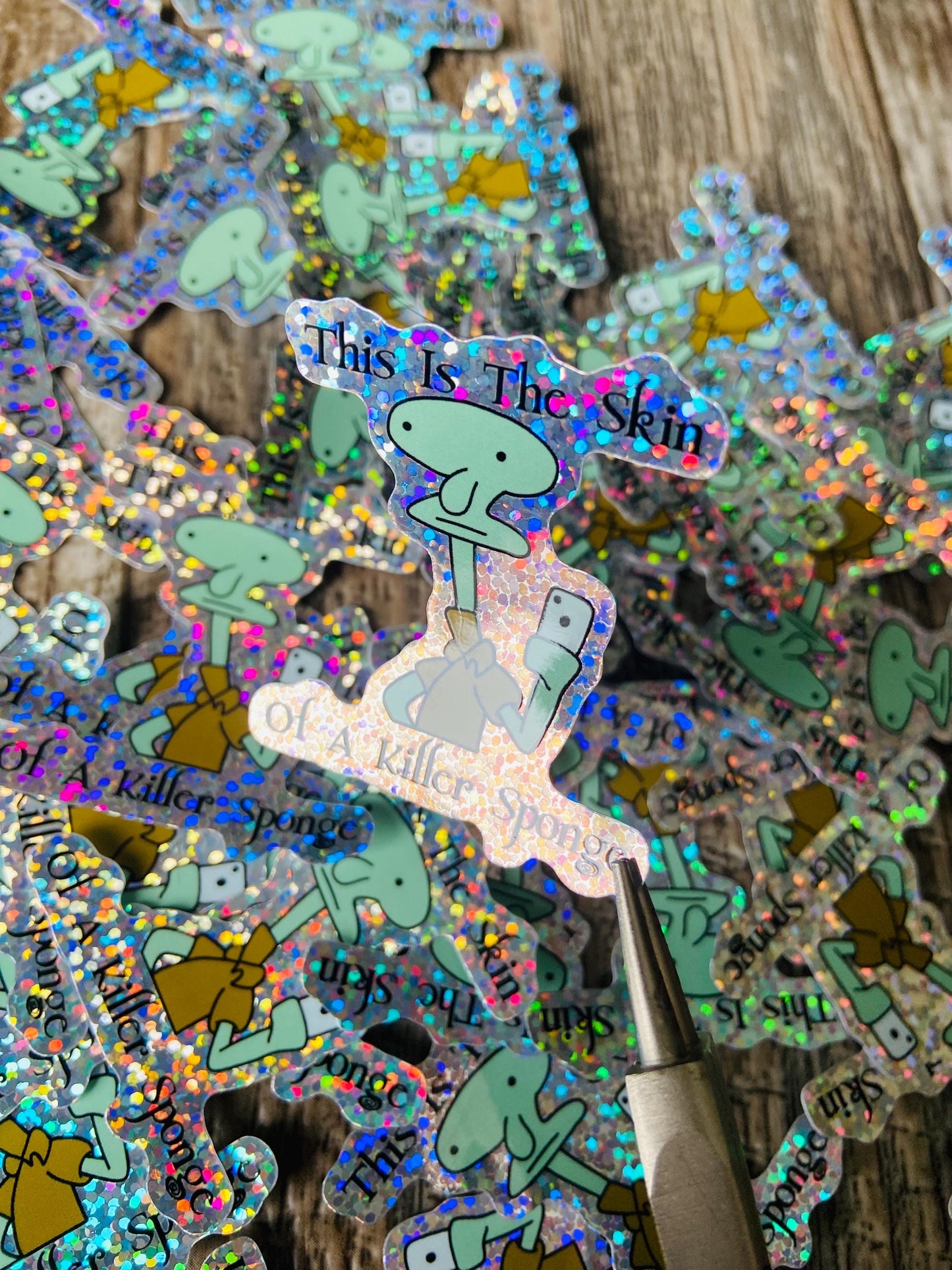 Titsoak skin of a killer sponge meme funny squidward SpongeBob sticker, holographic