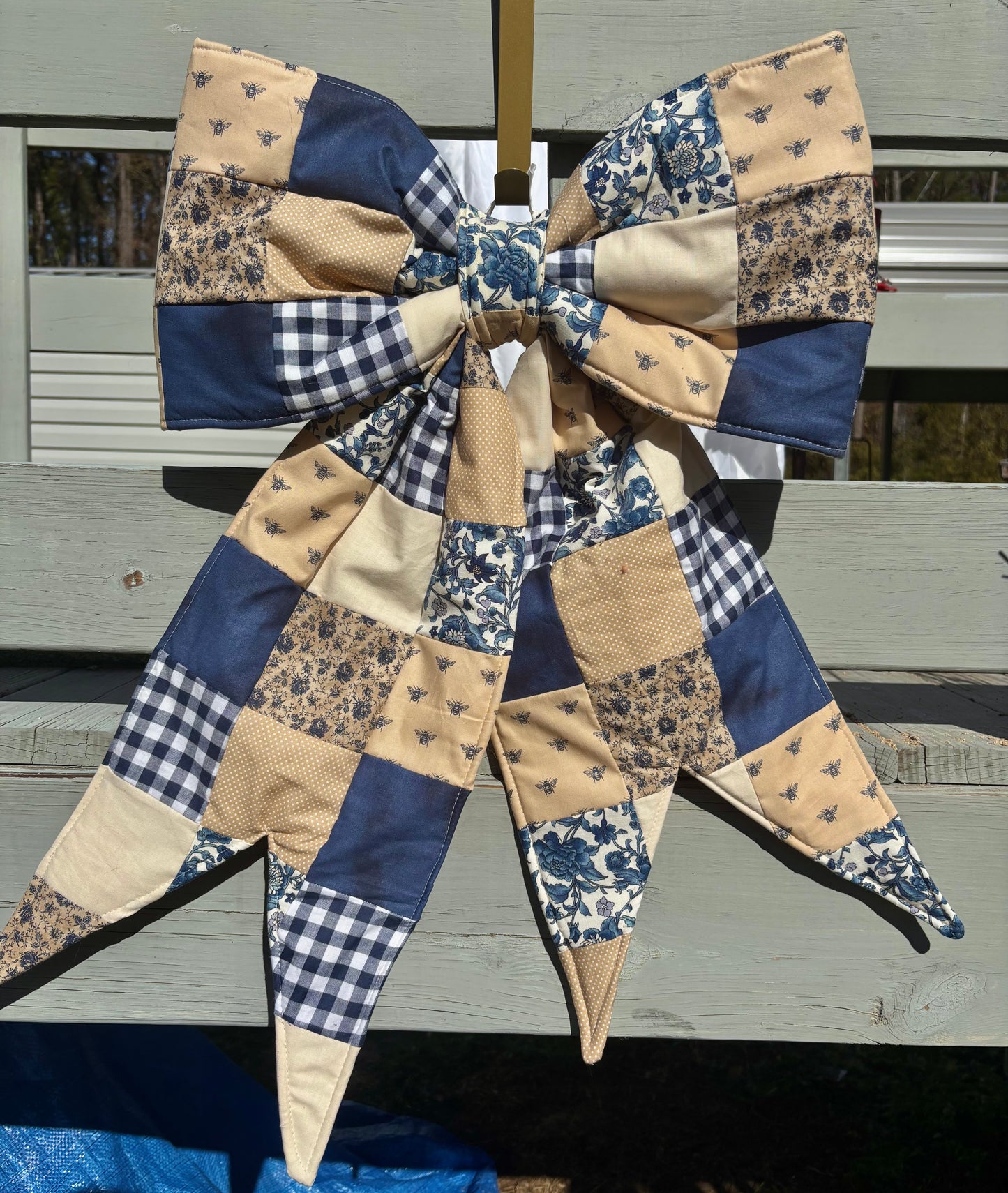 Blueberry Pie Hand Pieced REVERSIBLE Bow Door Hanger