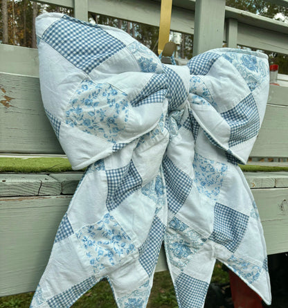 Blue Gingham Patchwork REVERSIBLE Bow Door Hanger/ Tree Topper