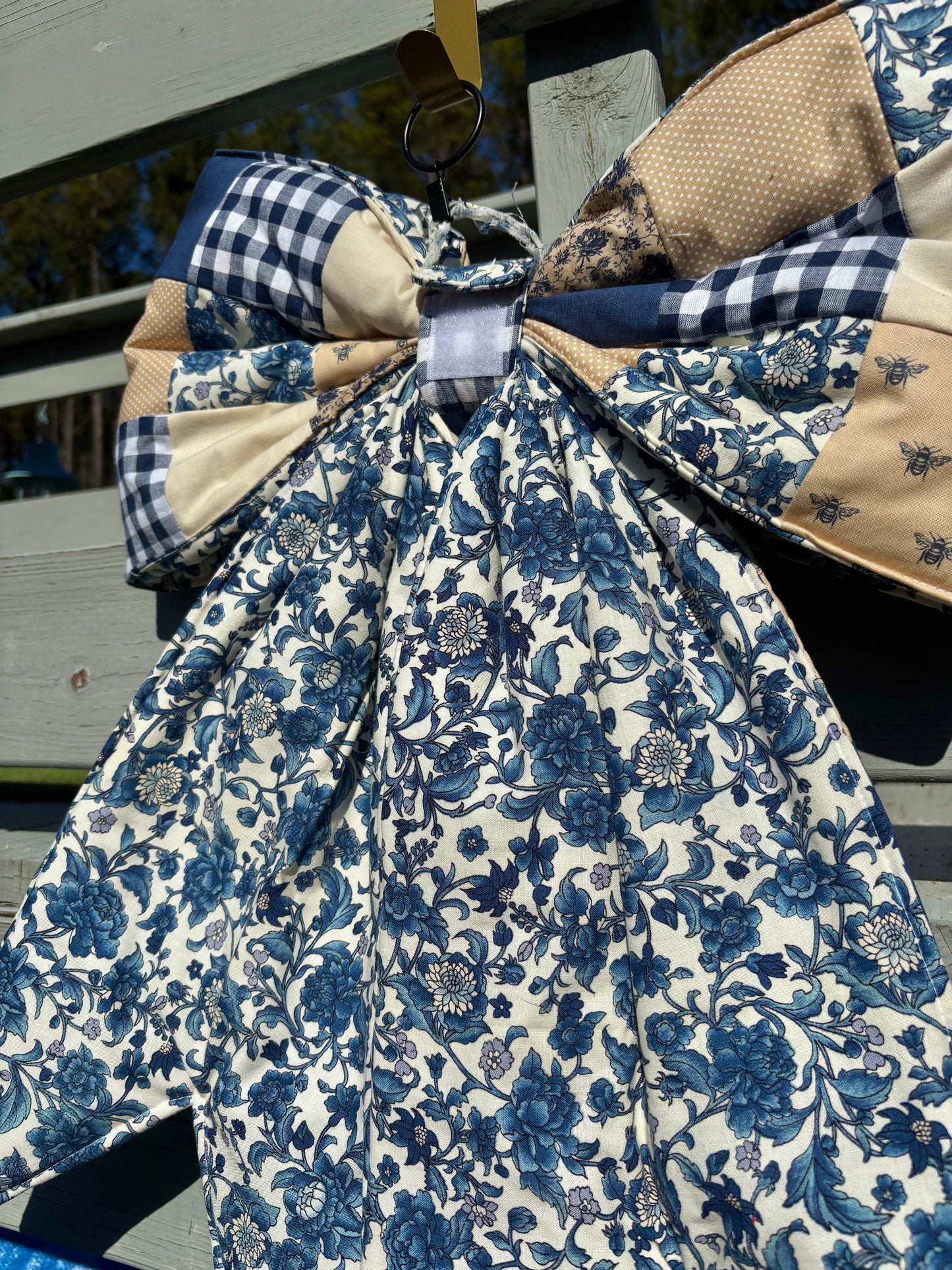 Blueberry Pie Hand Pieced REVERSIBLE Bow Door Hanger