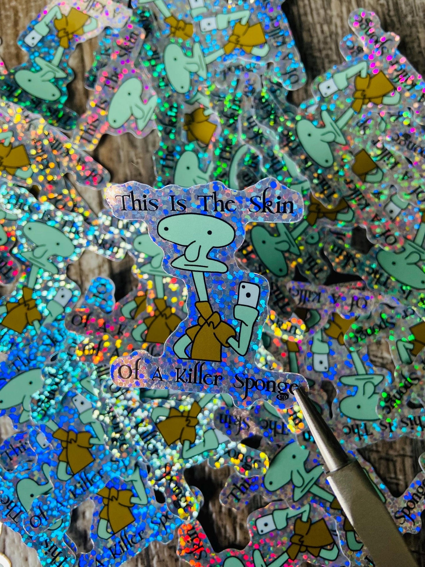 Titsoak skin of a killer sponge meme funny squidward SpongeBob sticker, holographic