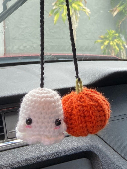 Crochet Amigurumi Mini / Large Pumpkin and Ghost Car Hanger PATTERN ONLY/ physical item/ Halloween UPDATED