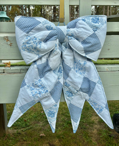 Blue Gingham Patchwork REVERSIBLE Bow Door Hanger/ Tree Topper