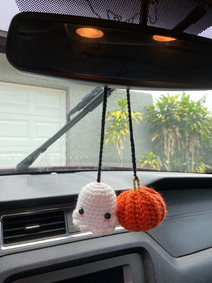 Crochet Amigurumi Mini / Large Pumpkin and Ghost Car Hanger PATTERN ONLY/ physical item/ Halloween UPDATED