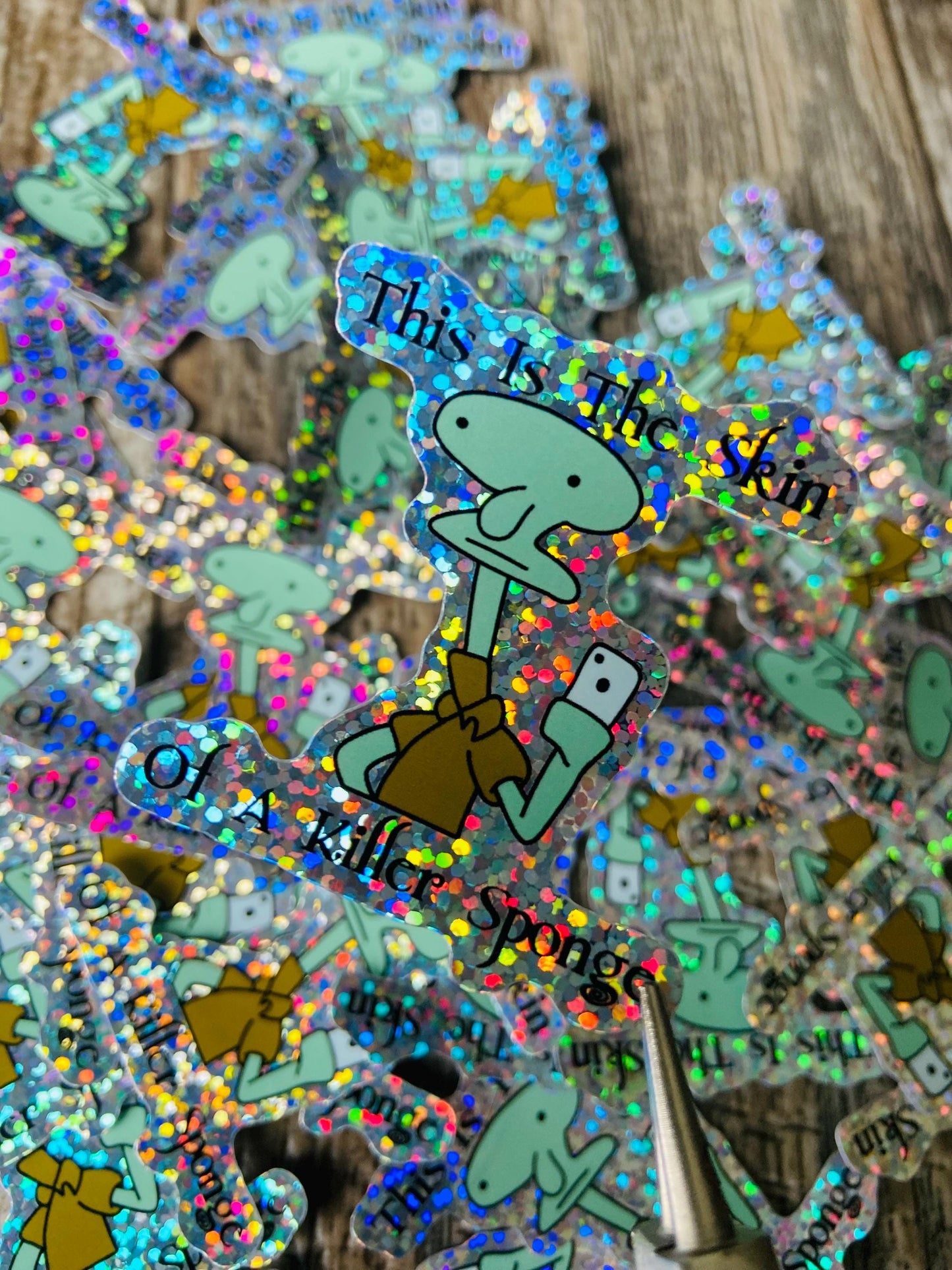 Titsoak skin of a killer sponge meme funny squidward SpongeBob sticker, holographic